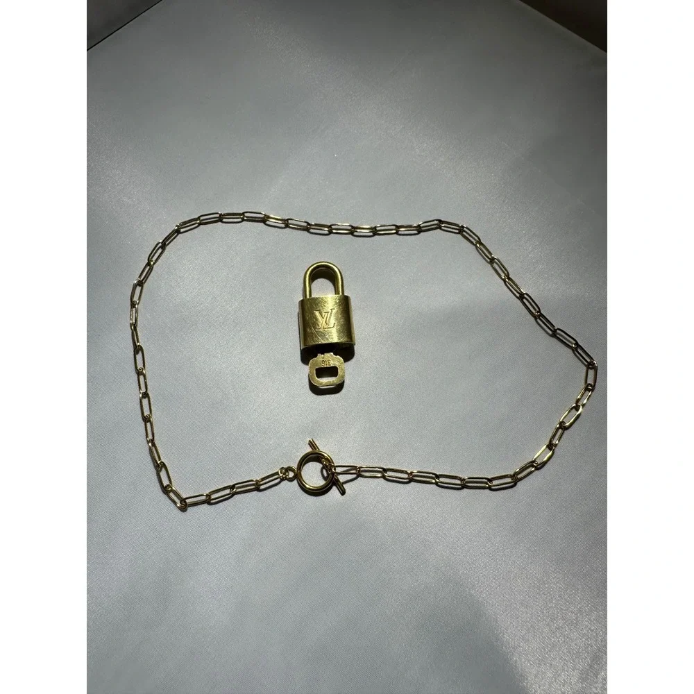 Louis Vuitton Gold Padlock and Key 316 with Paperclip Chain Necklace Set